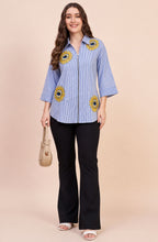 Blue Cotton Stripe Embroidered Shirt