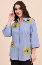 Blue Cotton Stripe Embroidered Shirt