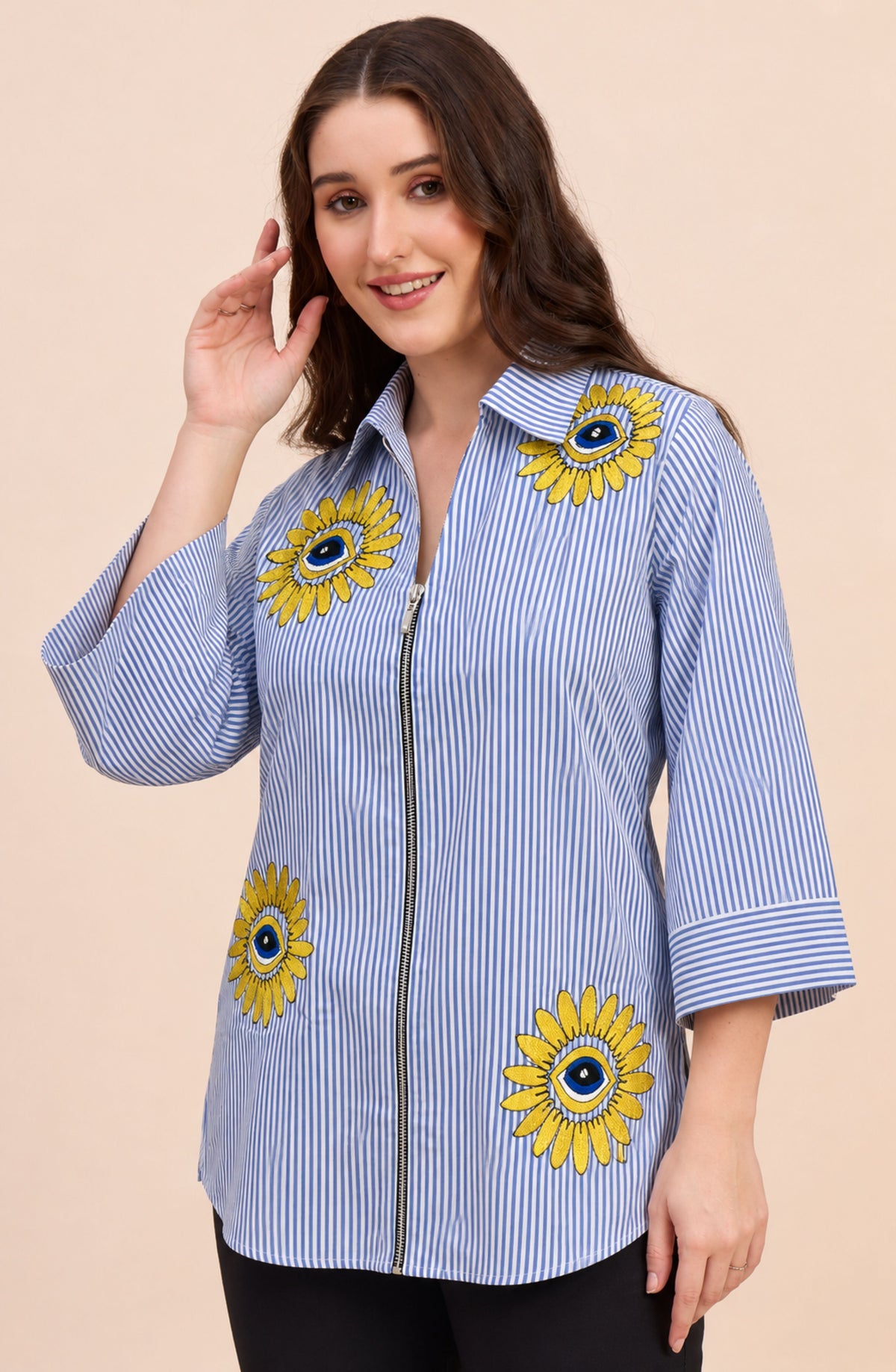 Blue Cotton Stripe Embroidered Shirt