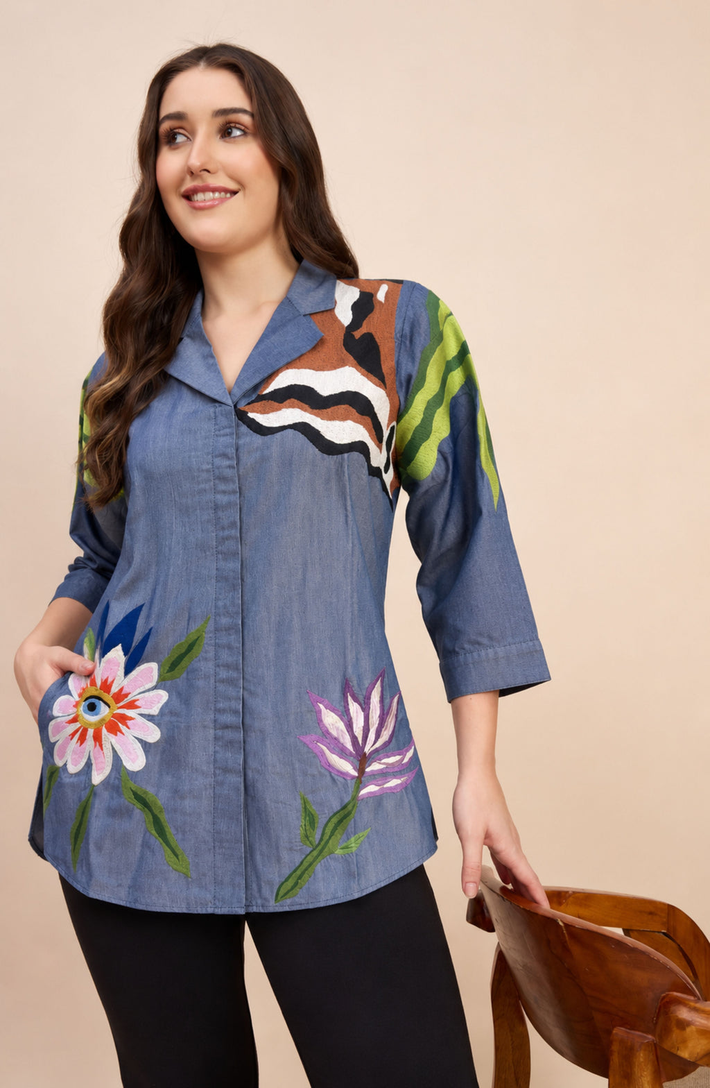 Cotton Denim Colourful Embroidered Shirt