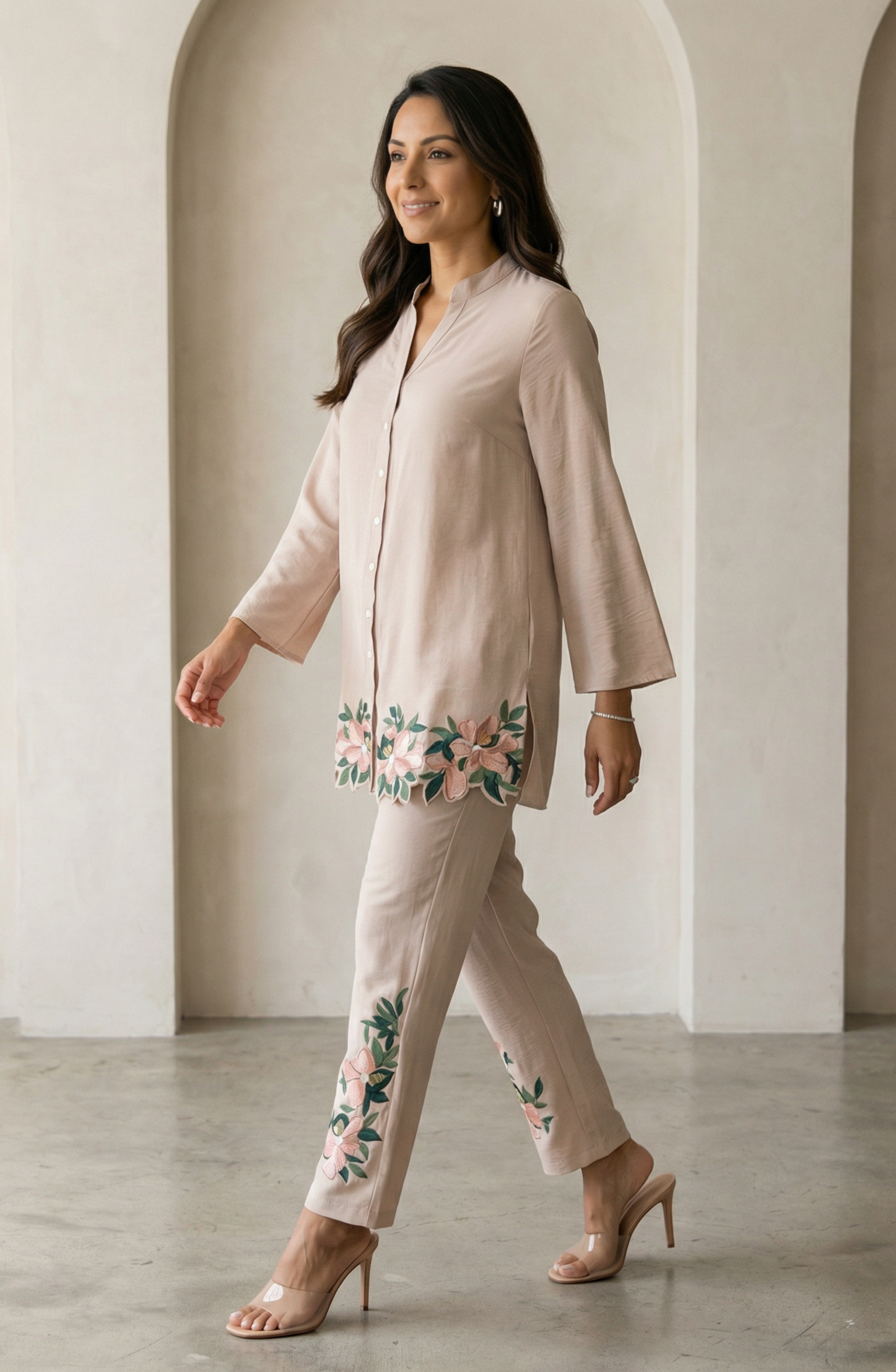 Beige Embroidered Co-ord Set