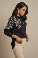 Elegant Black Floral Embroidered Long Shirt
