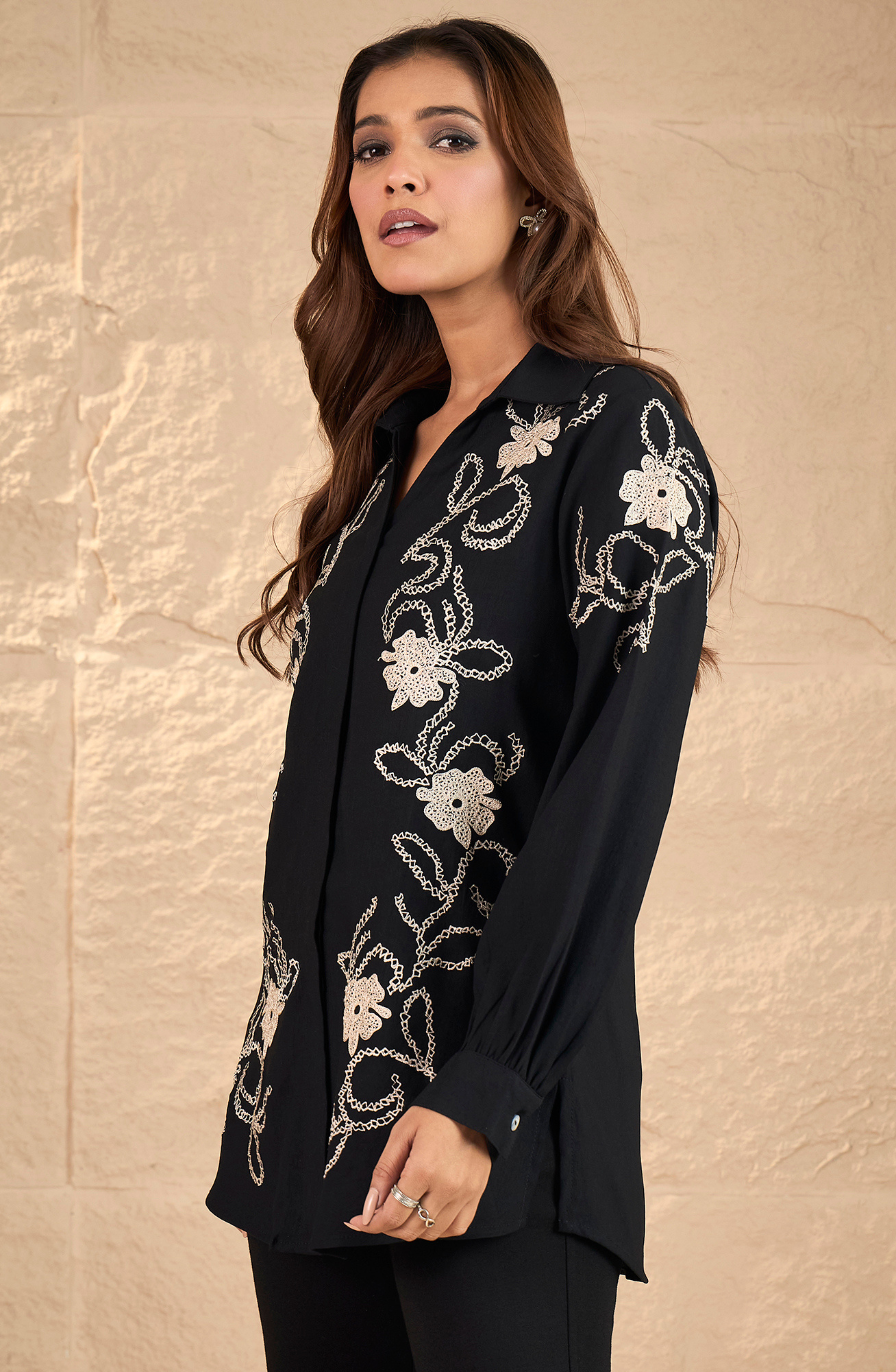 Black Floral Embroidered Shirt