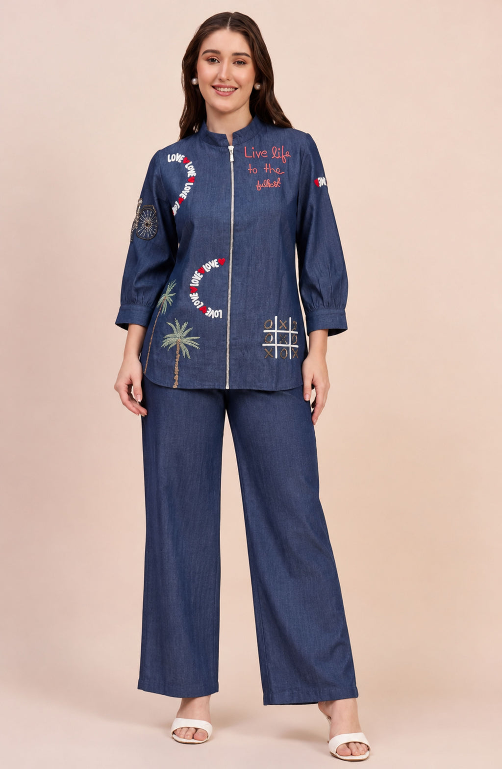 Cotton Denim Love Embellished Zipper Co-ord Set