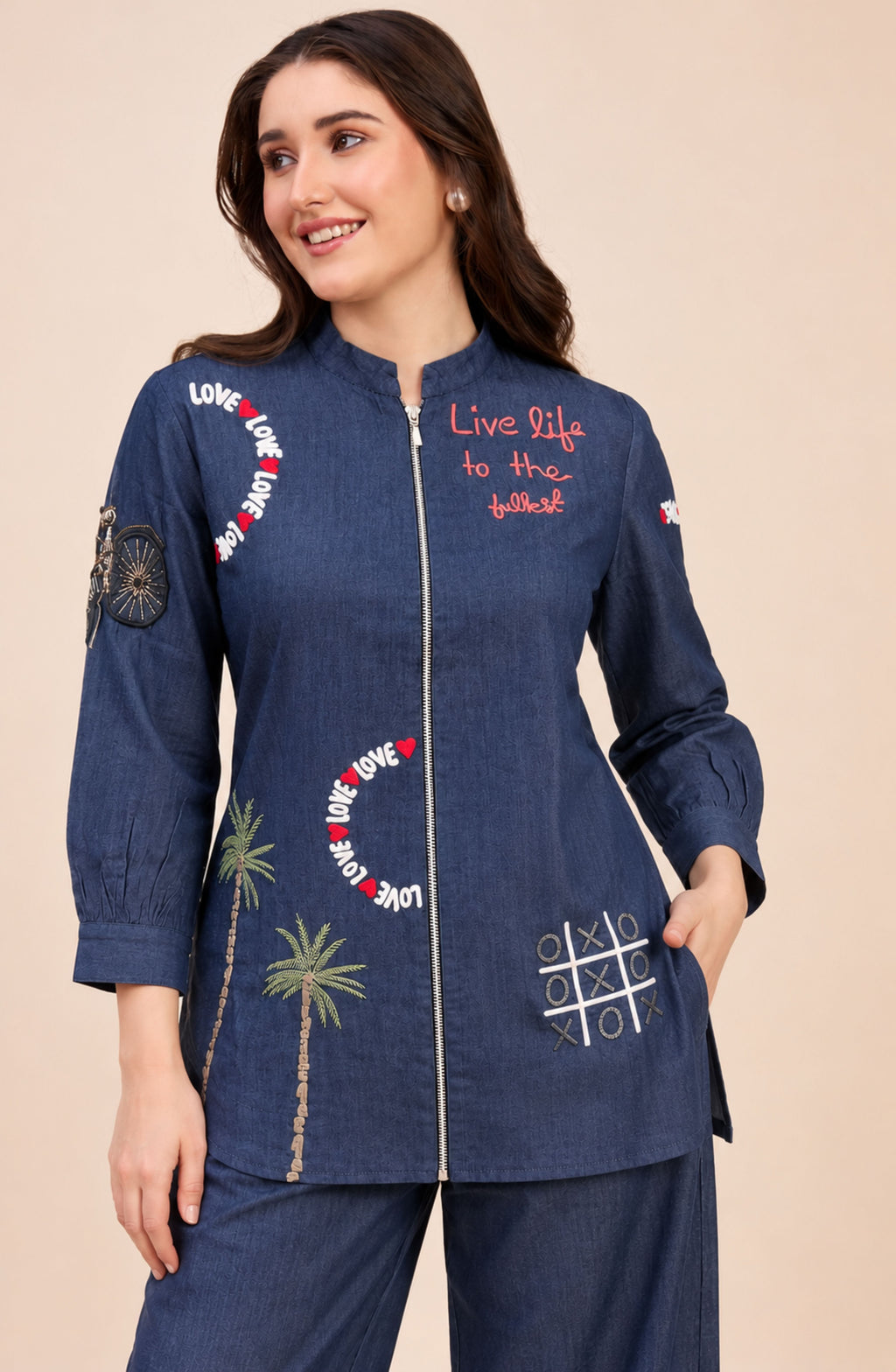 Cotton Denim Love Embellished Zipper Co-ord Set