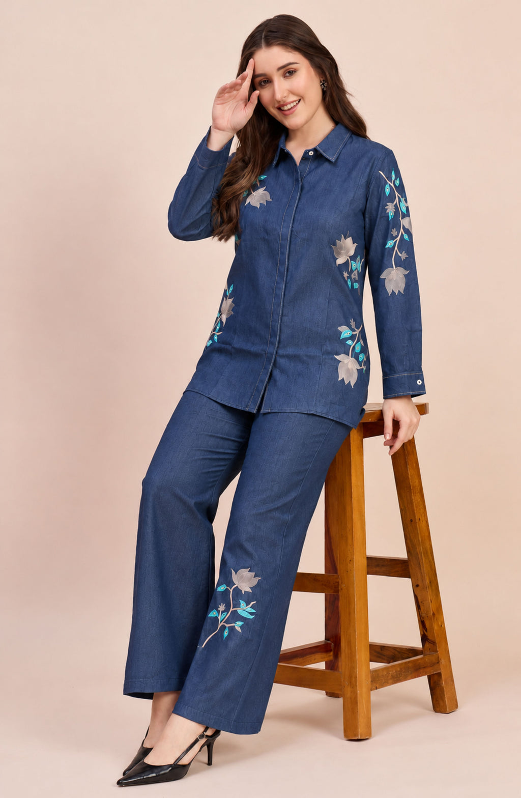 Cotton Denim Floral Embroidered Co-ord Set