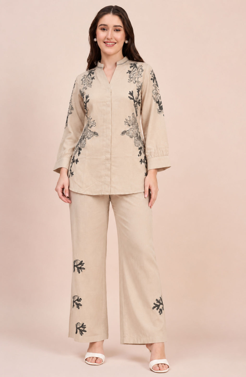 Beige Embroidered Co-ord Set