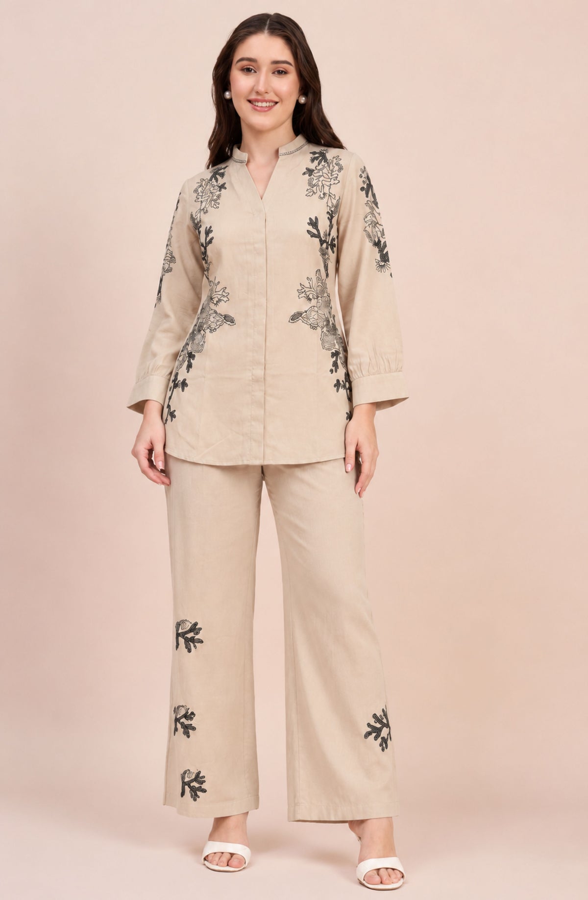 Beige Embroidered Co-ord Set