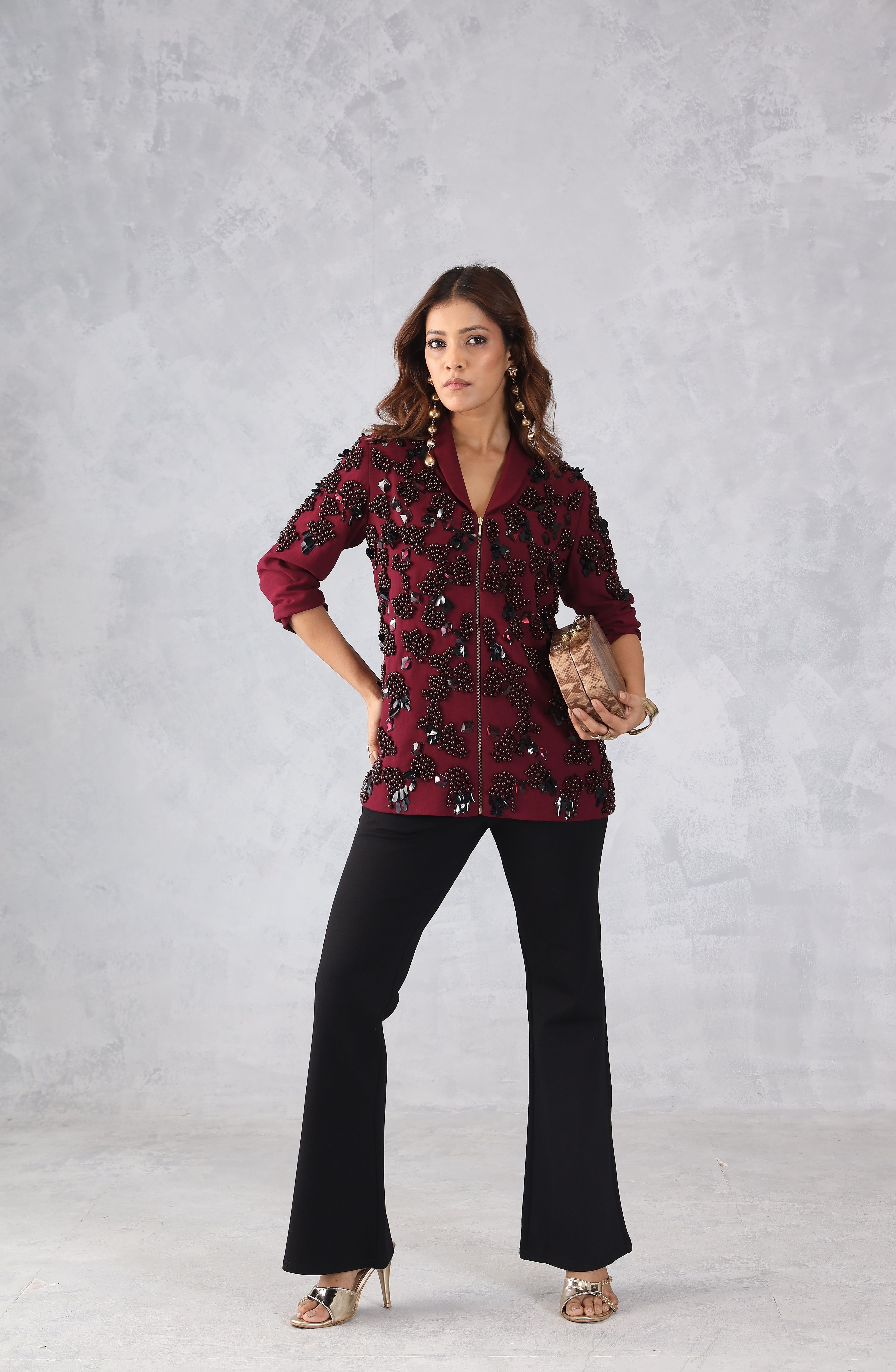 Red Embellished Zip Style Jacket