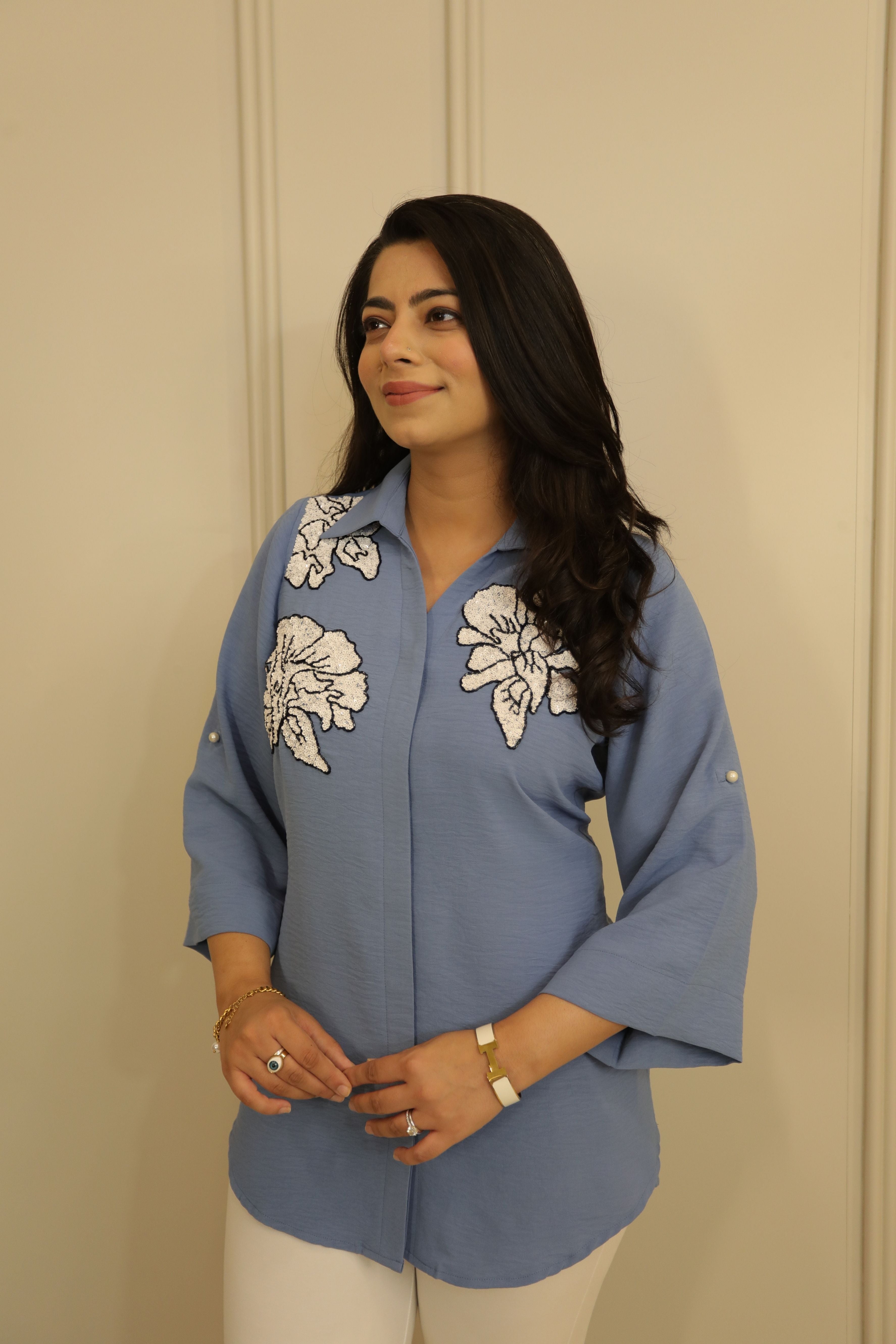 Sky Blue Floral Embellished Shirt