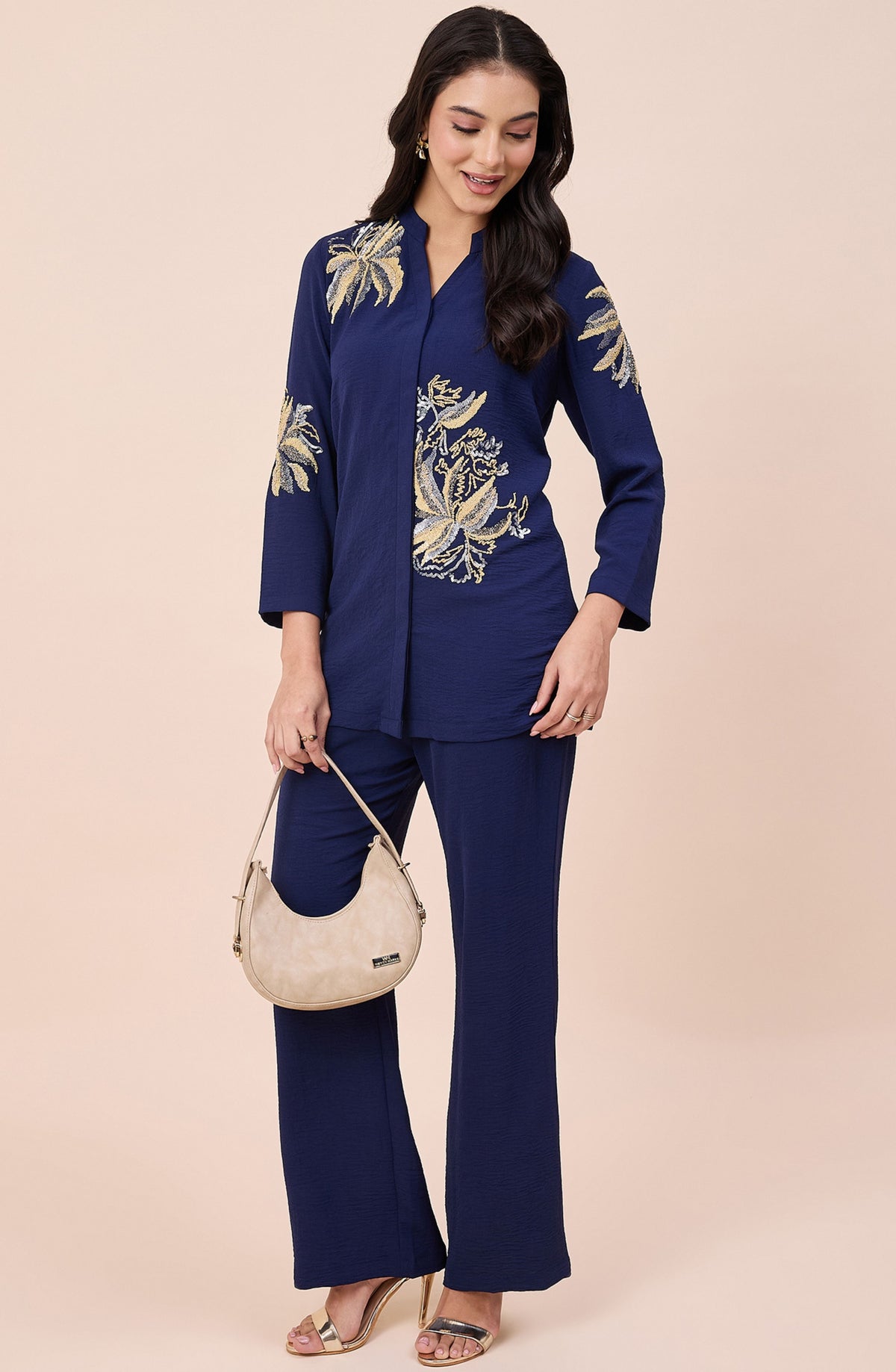 Navy Blue Gold & Silver Embellished Co-ord Set