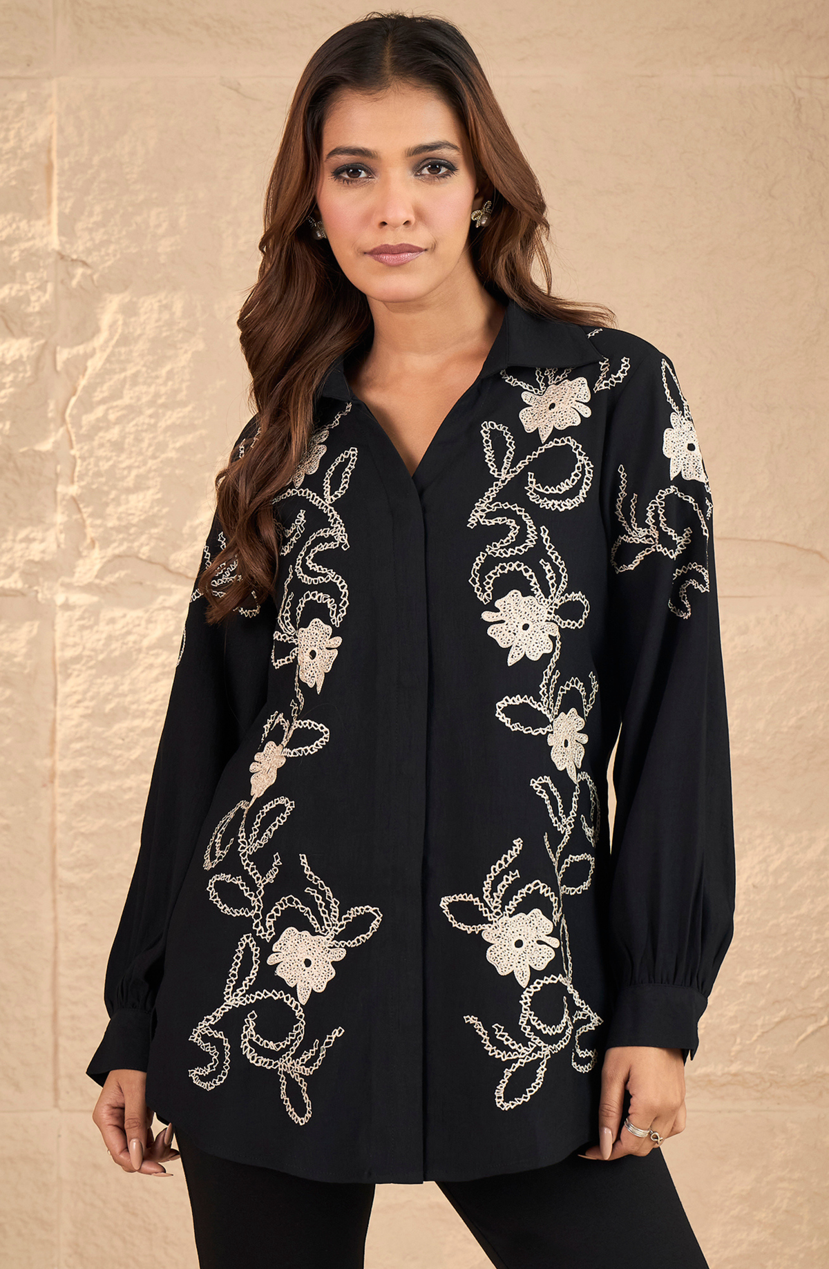 Black Floral Embroidered Shirt