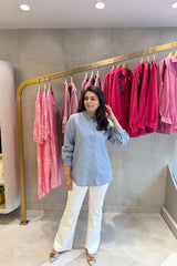 Cotton Denim Pearl Embellished Shirt