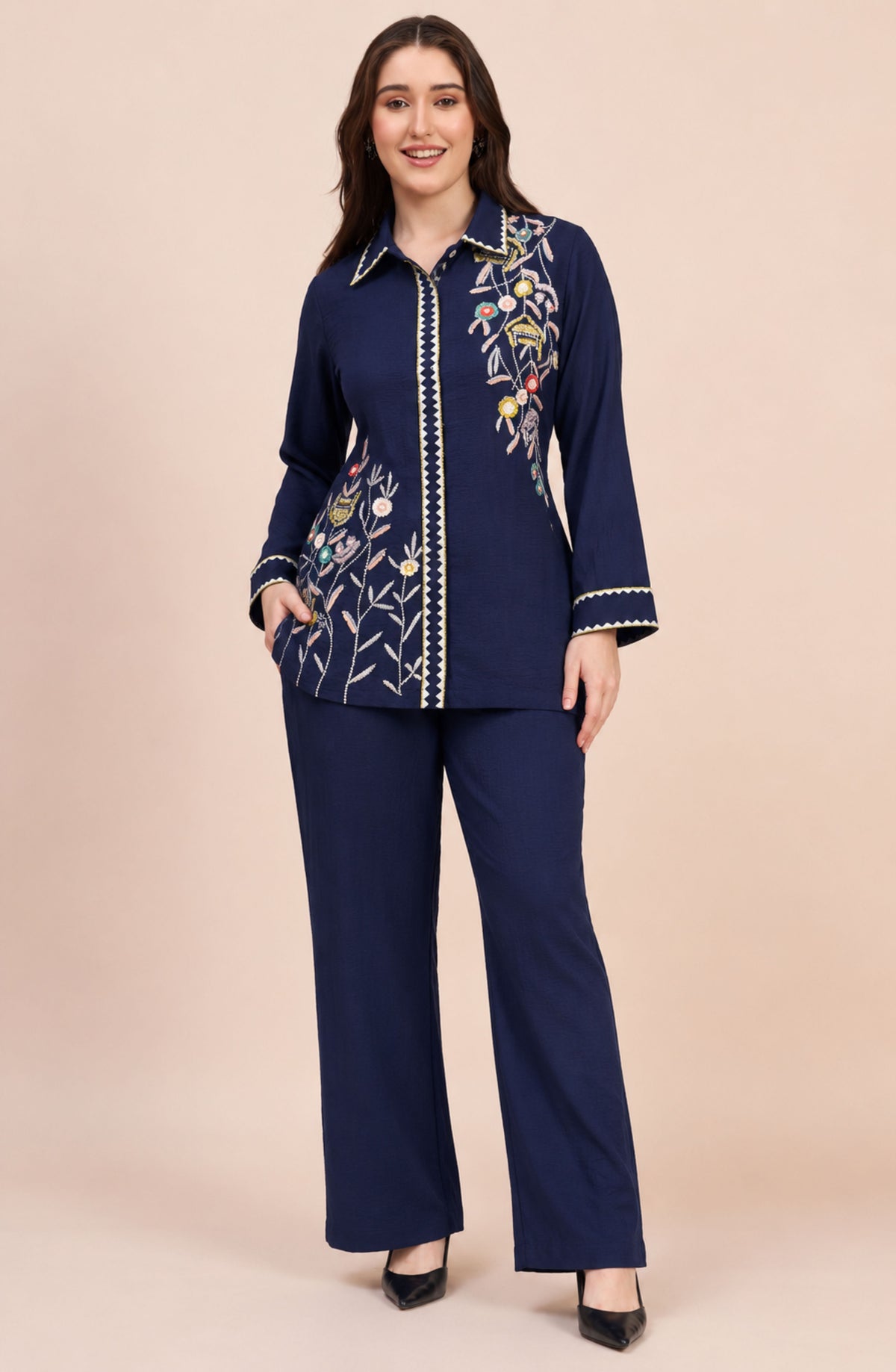 Navy Blue Colourful Embroidered Co-ord Set