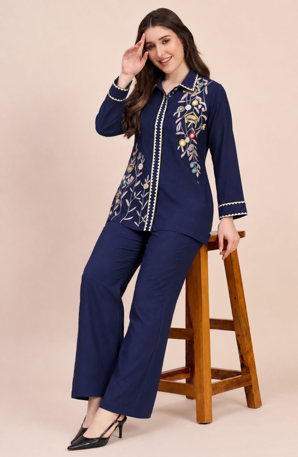 Navy Blue Colourful Embroidered Co-ord Set