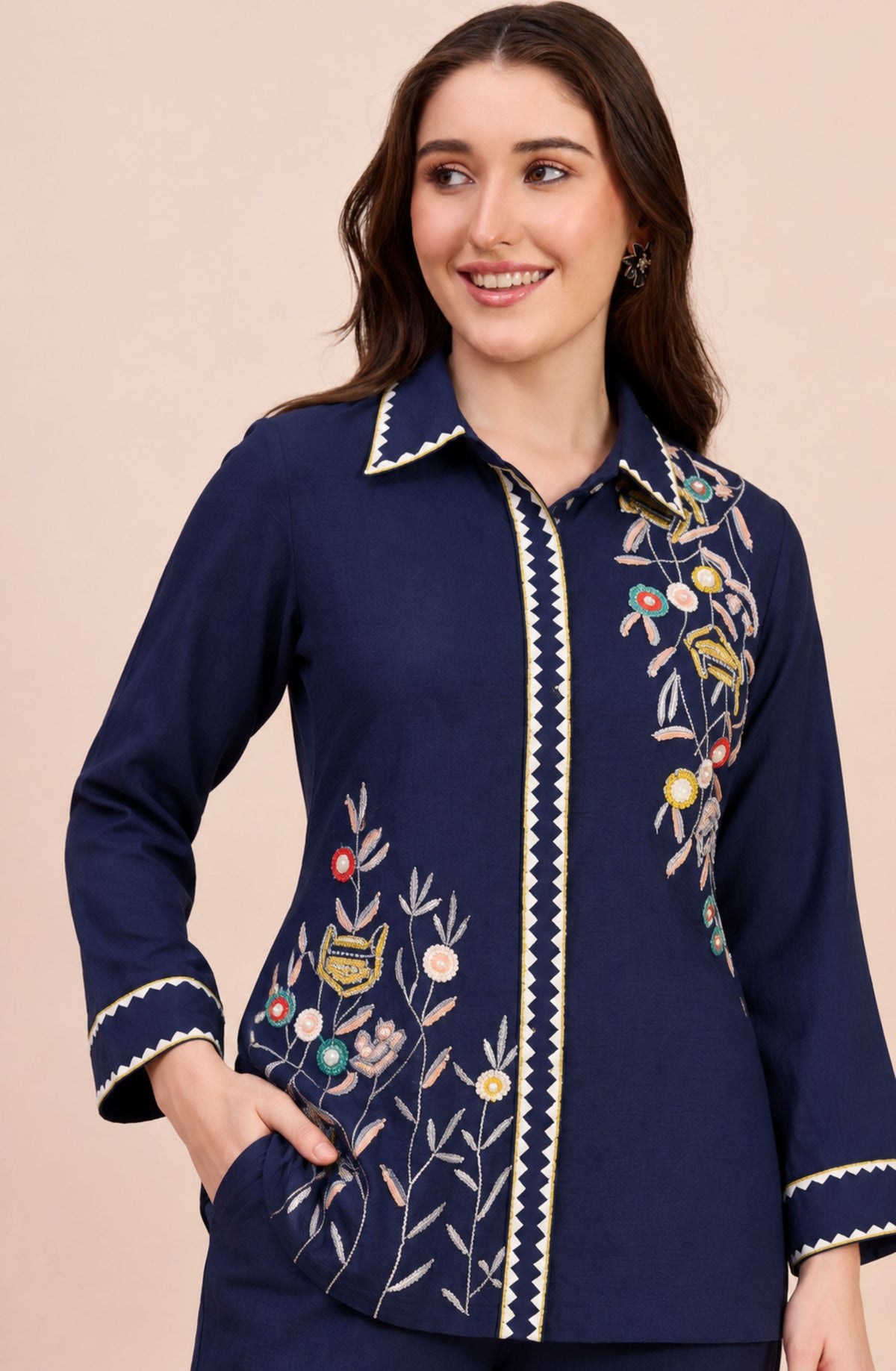 Navy Blue Colourful Embroidered Co-ord Set