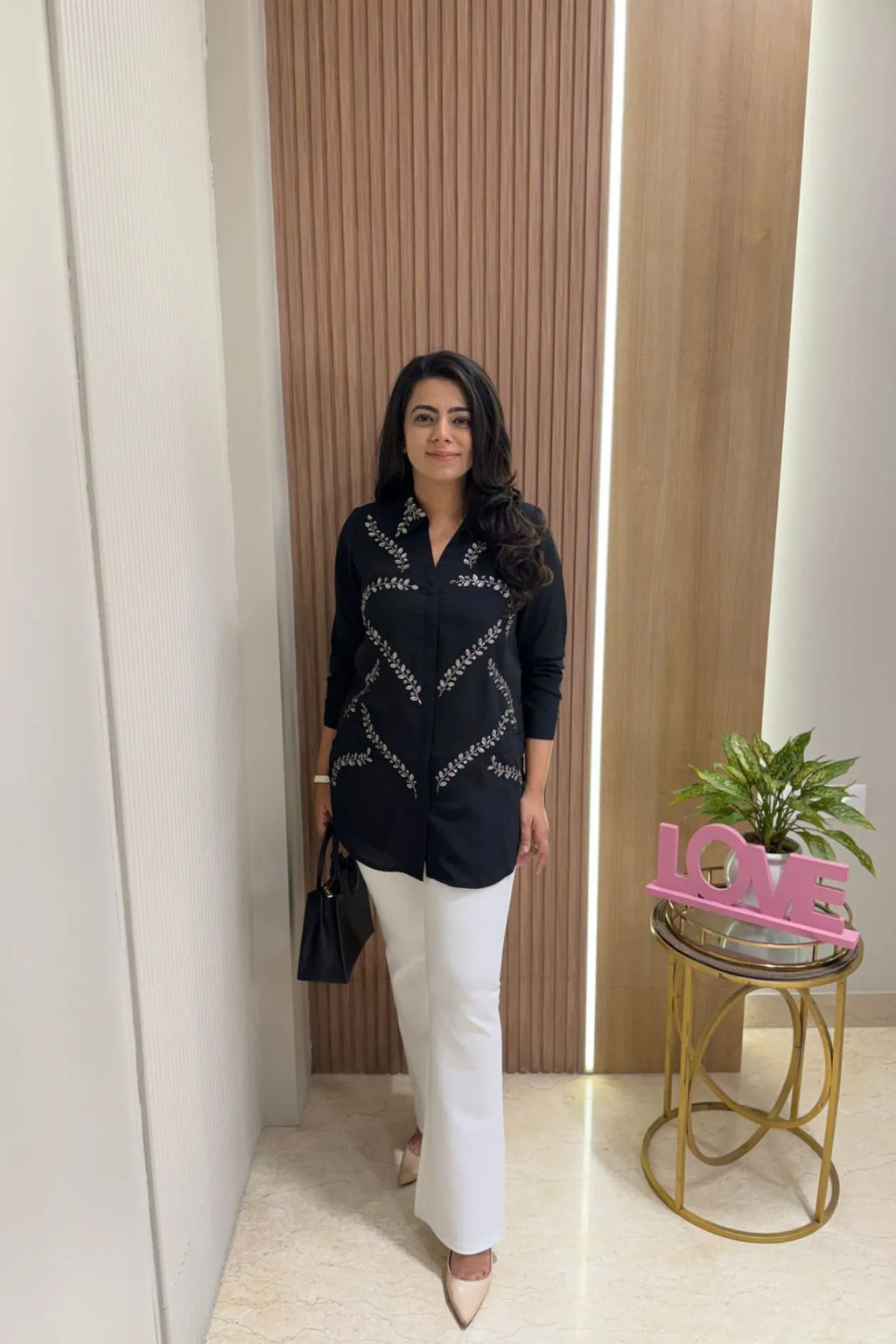 Black Leaf Embellished Shirt