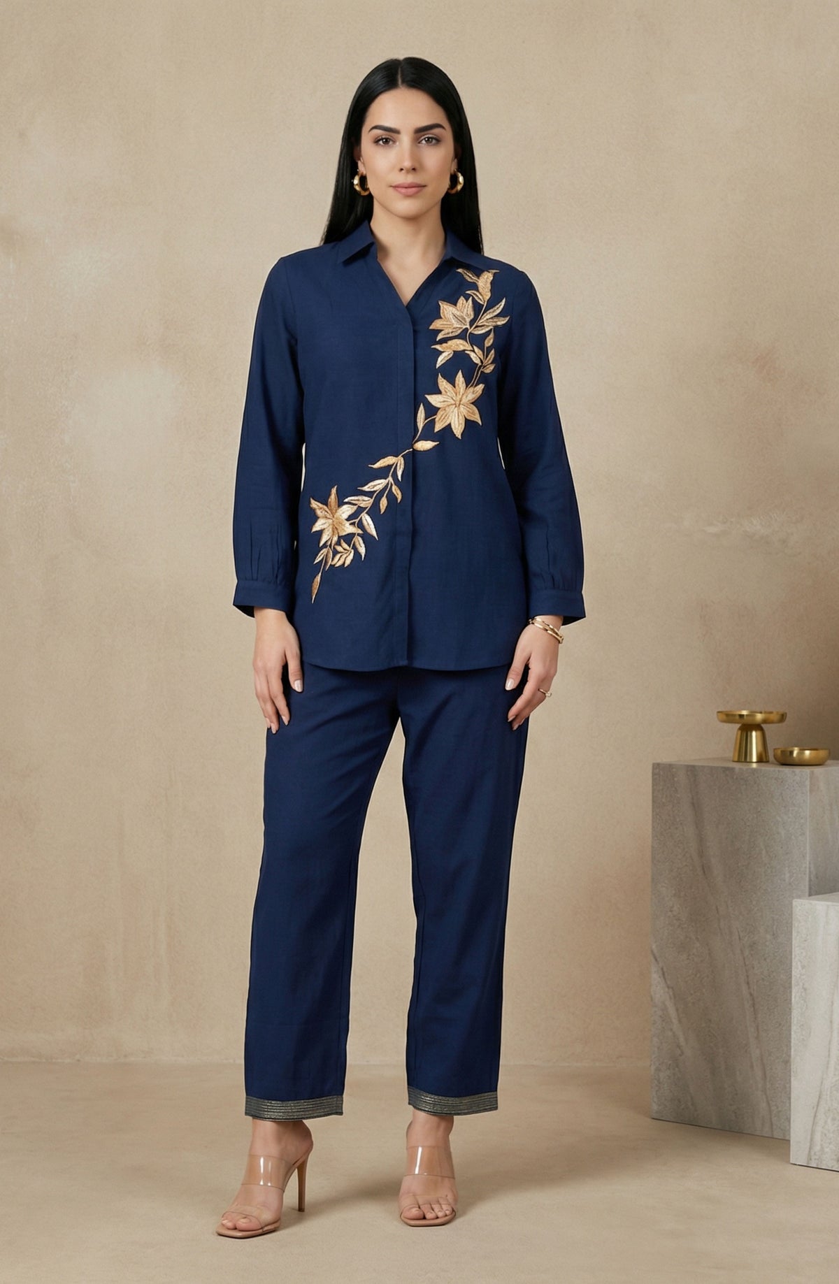 Navy Blue Gold Leaf Embroidered Co-ord Set