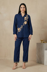 Navy Blue Gold Leaf Embroidered Co-ord Set