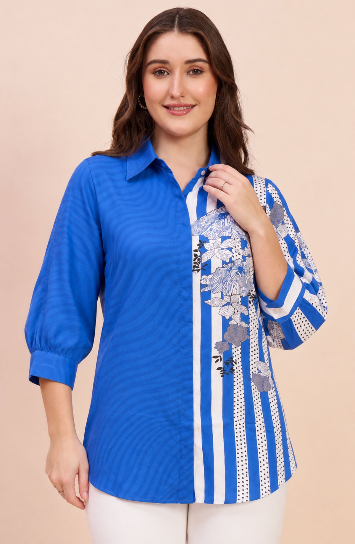 Blue Floral Striped Cotton Modal Shirt
