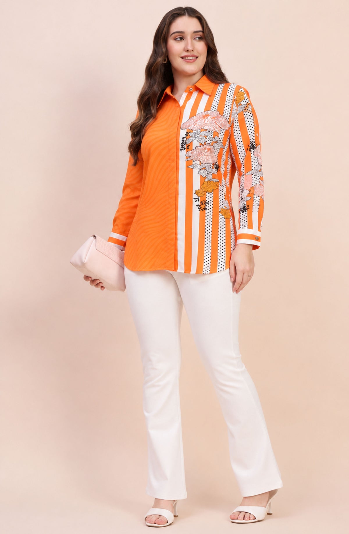Orange Floral Striped Cotton Modal Shirt