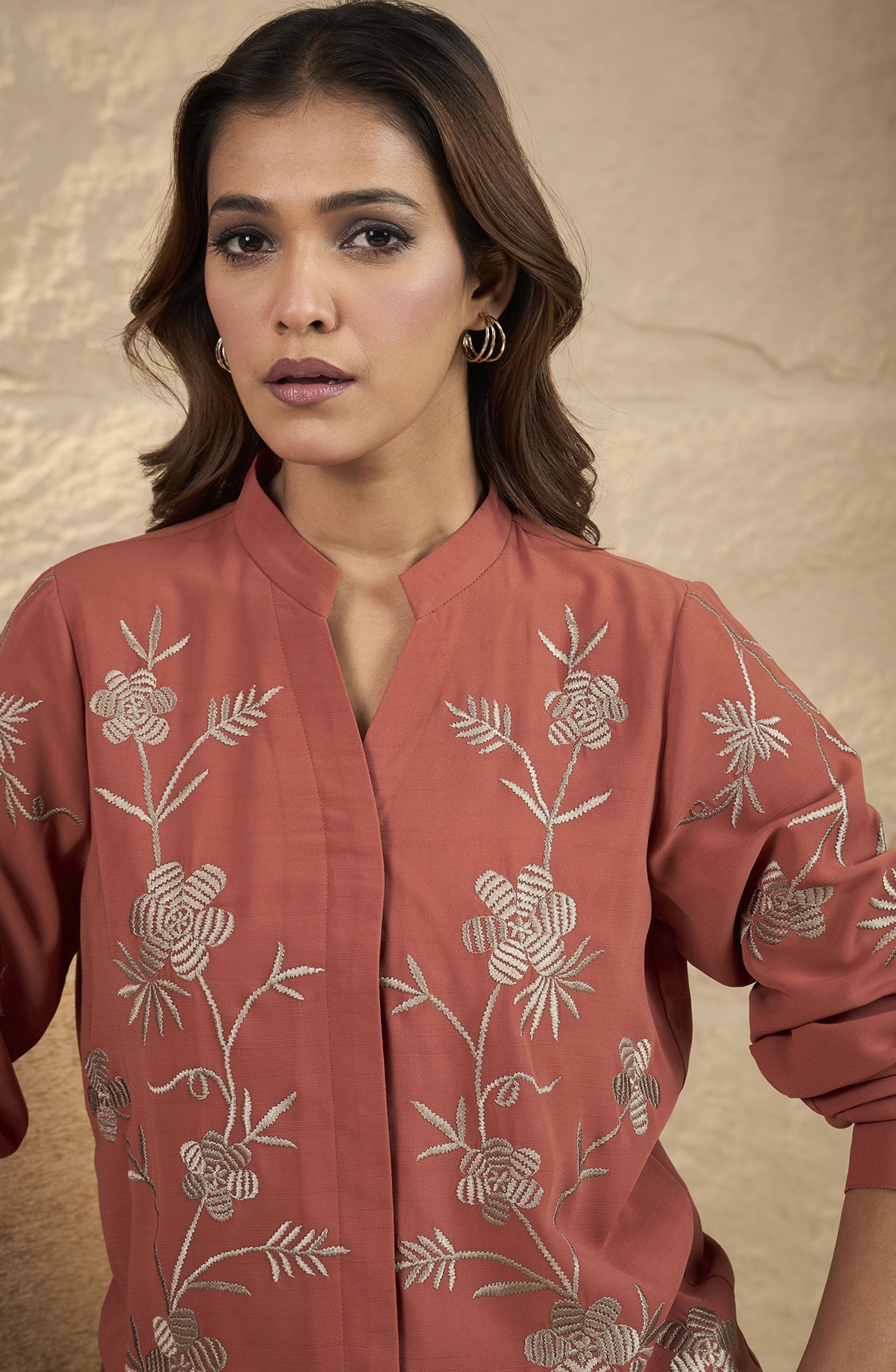 Rust Orange Floral Embroidered Shirt
