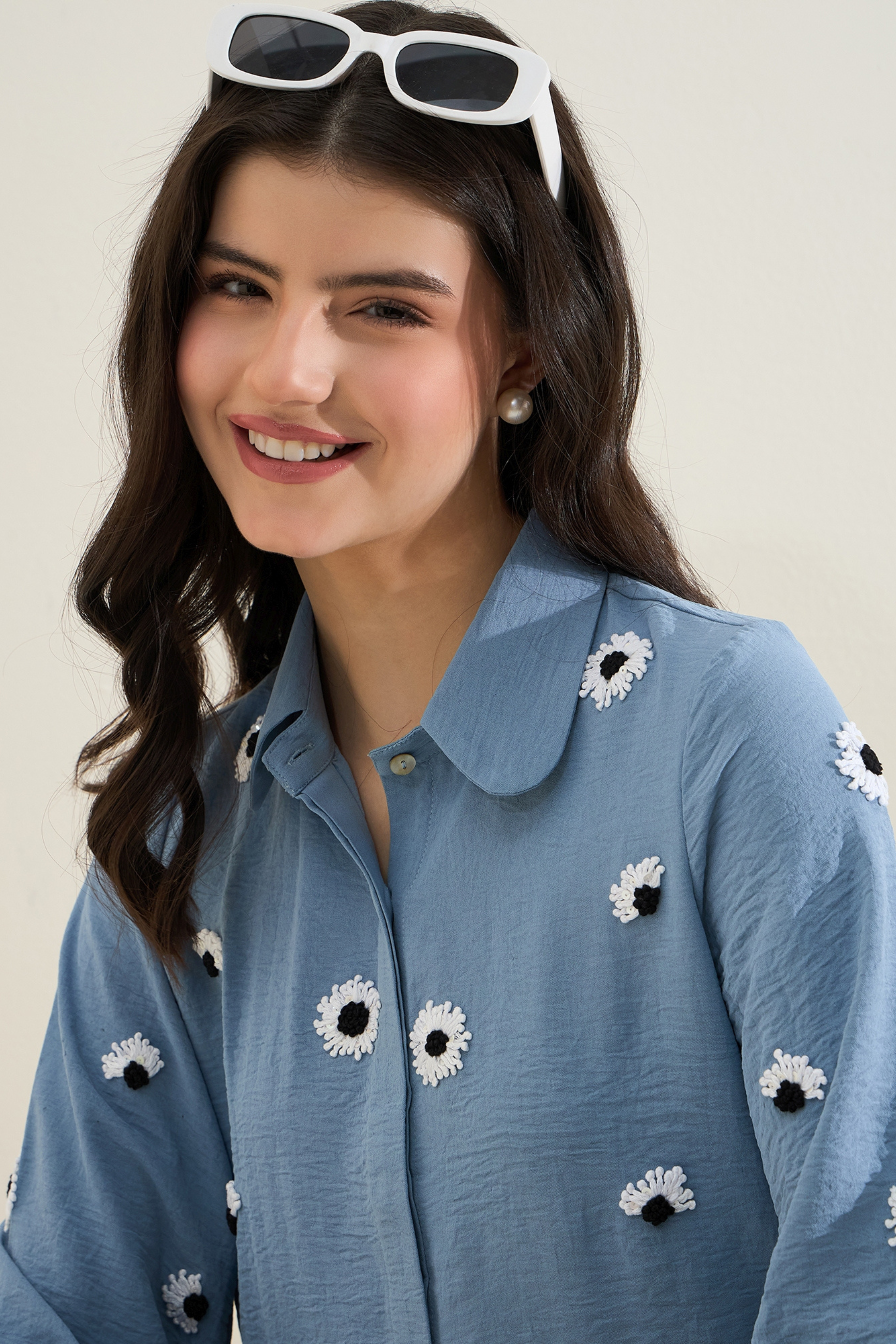 Blue Floral Embroidered Shirt