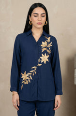 Navy Blue Gold Leaf Embroidered Co-ord Set