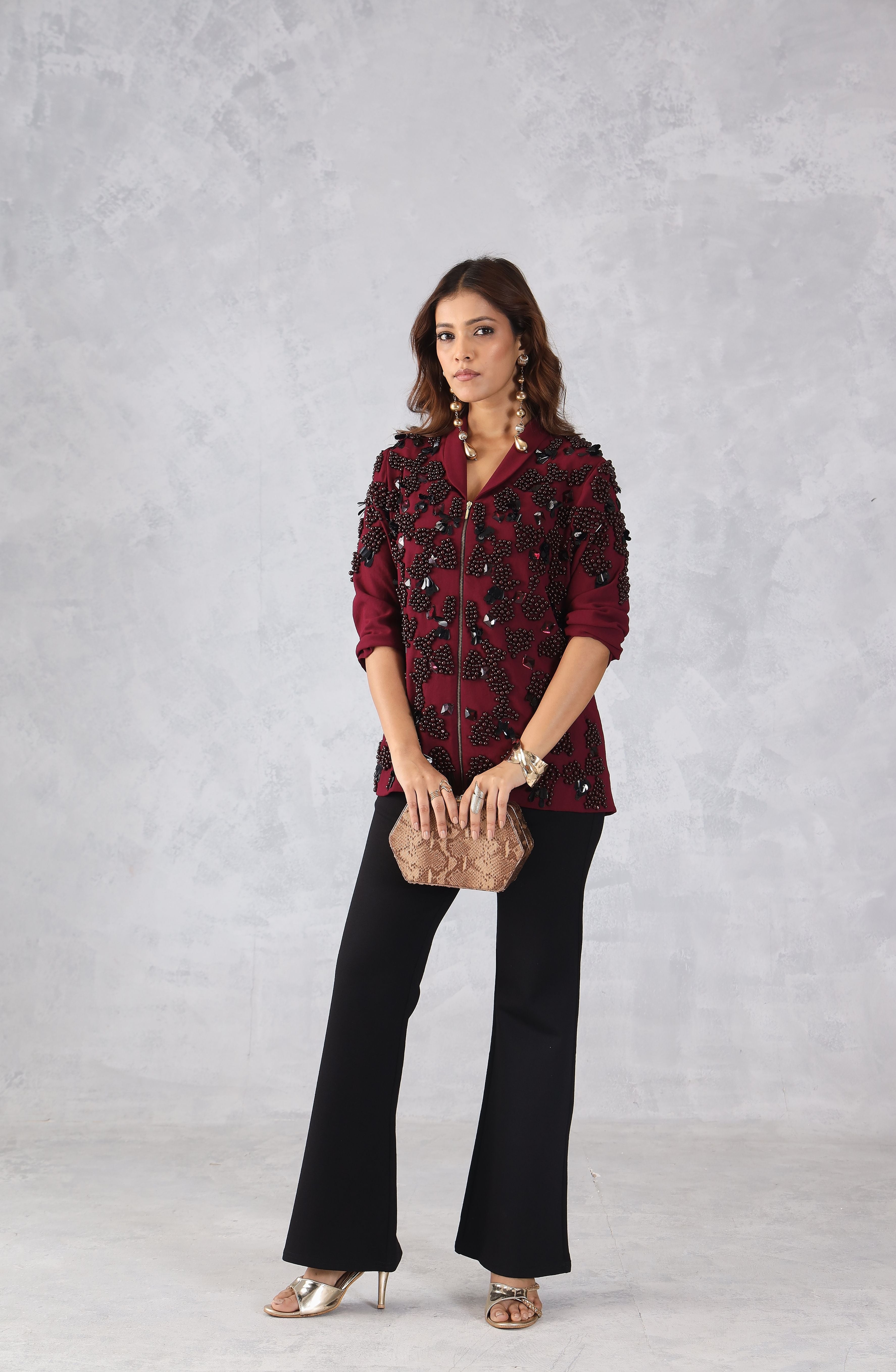 Red Embellished Zip Style Jacket