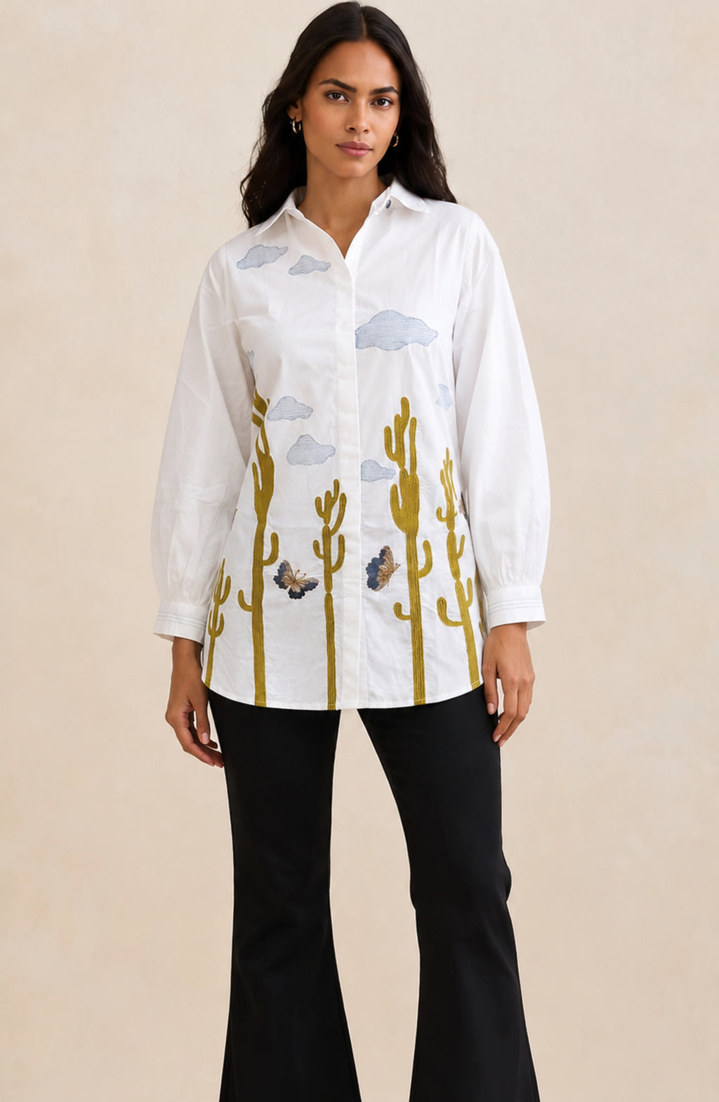 White Cotton Embroidered Designer Shirt