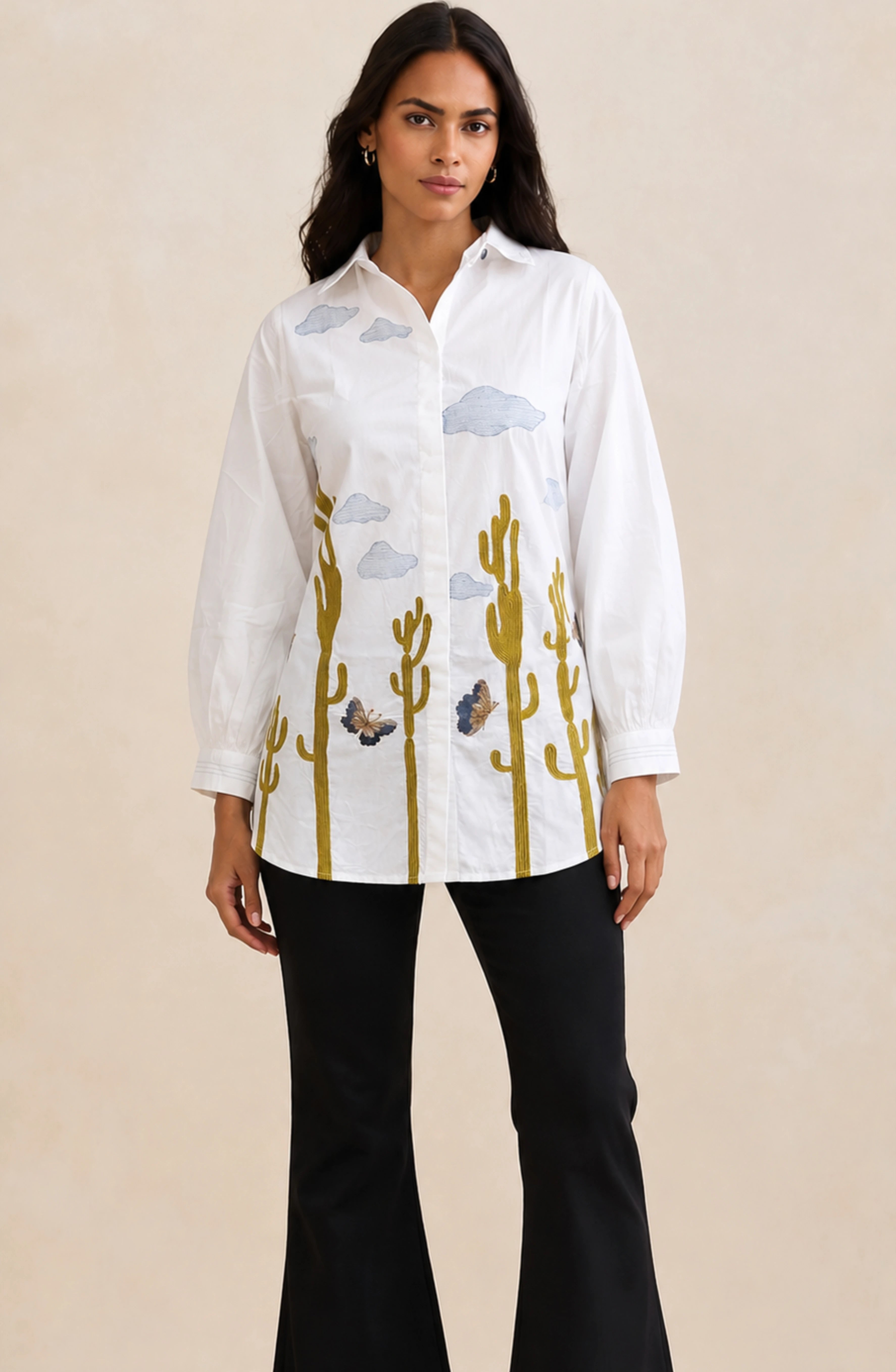 White Cotton Embroidered Designer Shirt