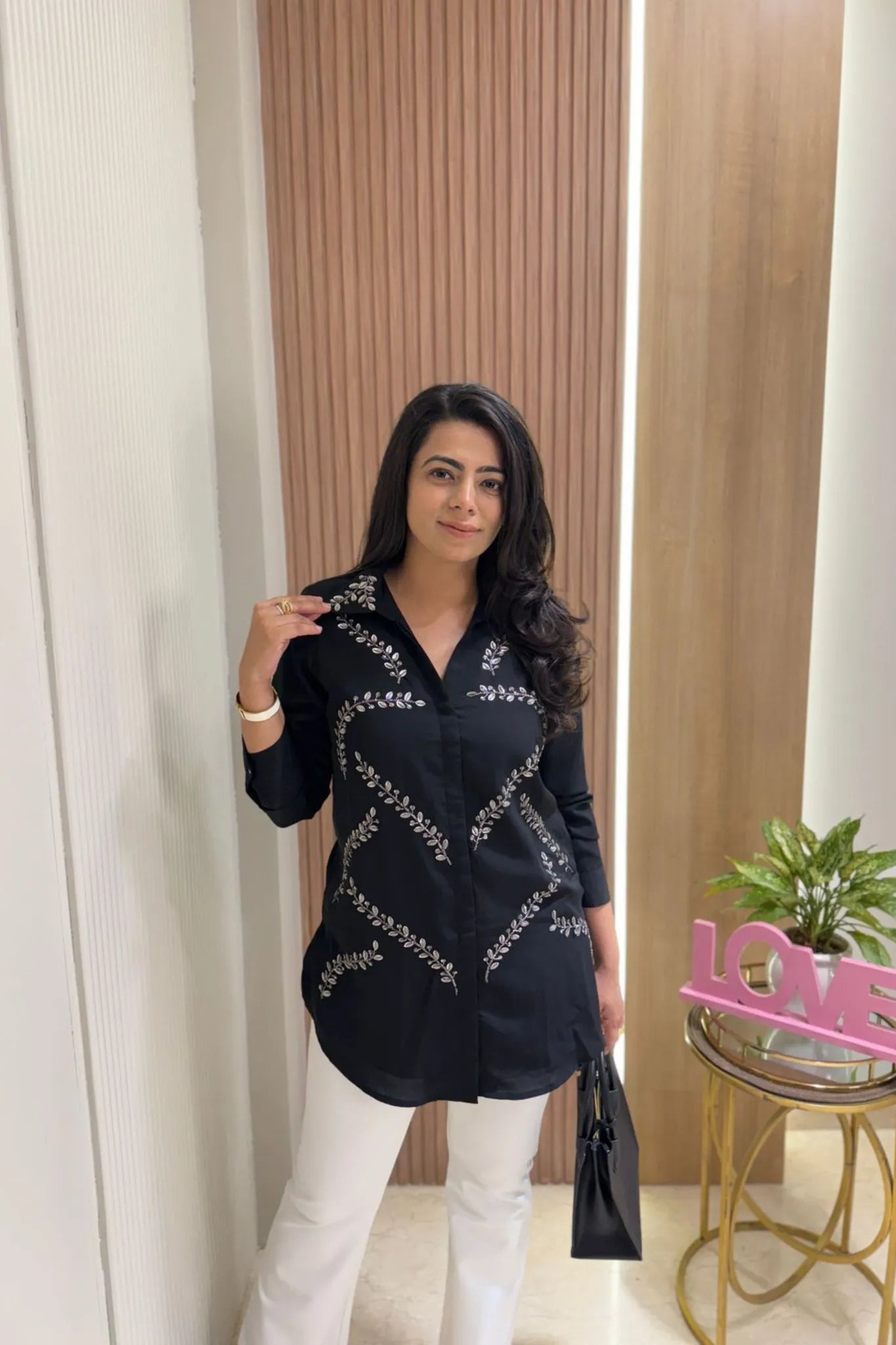 Black Leaf Embellished Shirt