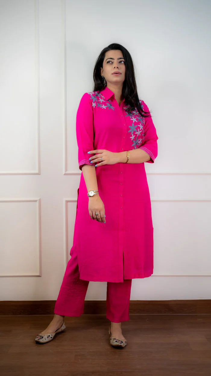 Hot Pink Embroidered Kurta Set