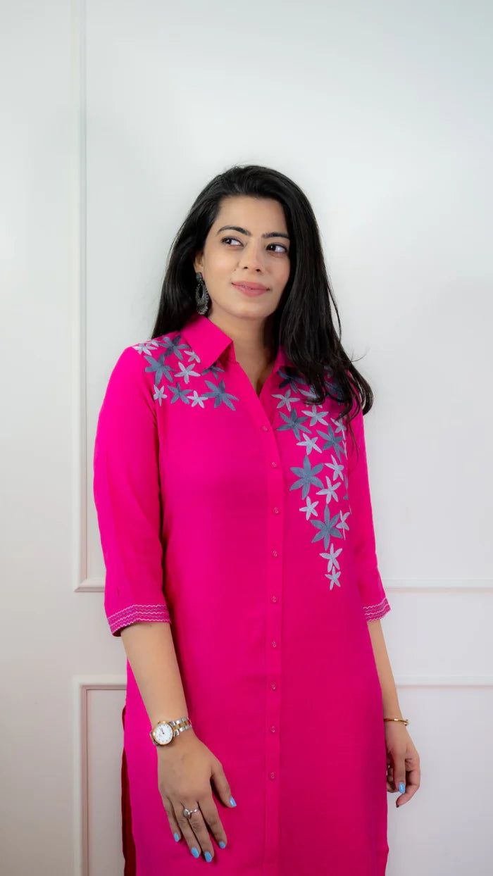 Hot Pink Embroidered Kurta Set