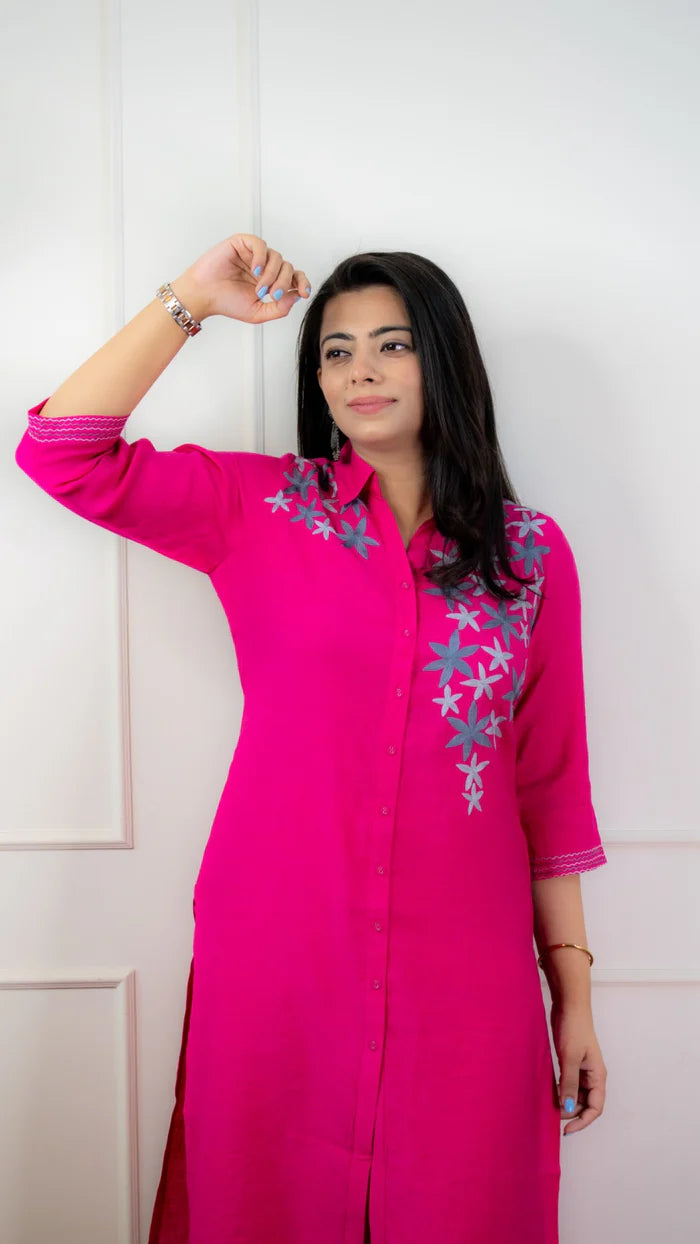 Hot Pink Embroidered Kurta Set