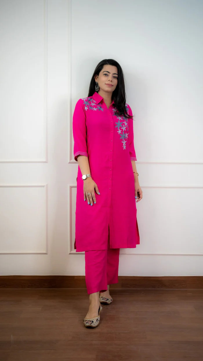 Hot Pink Embroidered Kurta Set