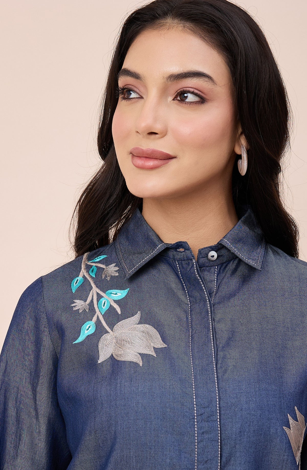 Cotton Denim Floral Embroidered Co-ord Set