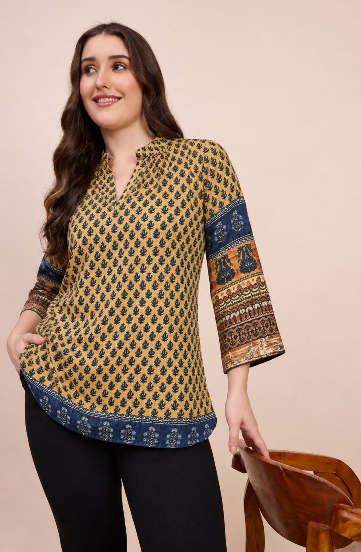 Mustard Yellow Ajrakh Print Tunic Top