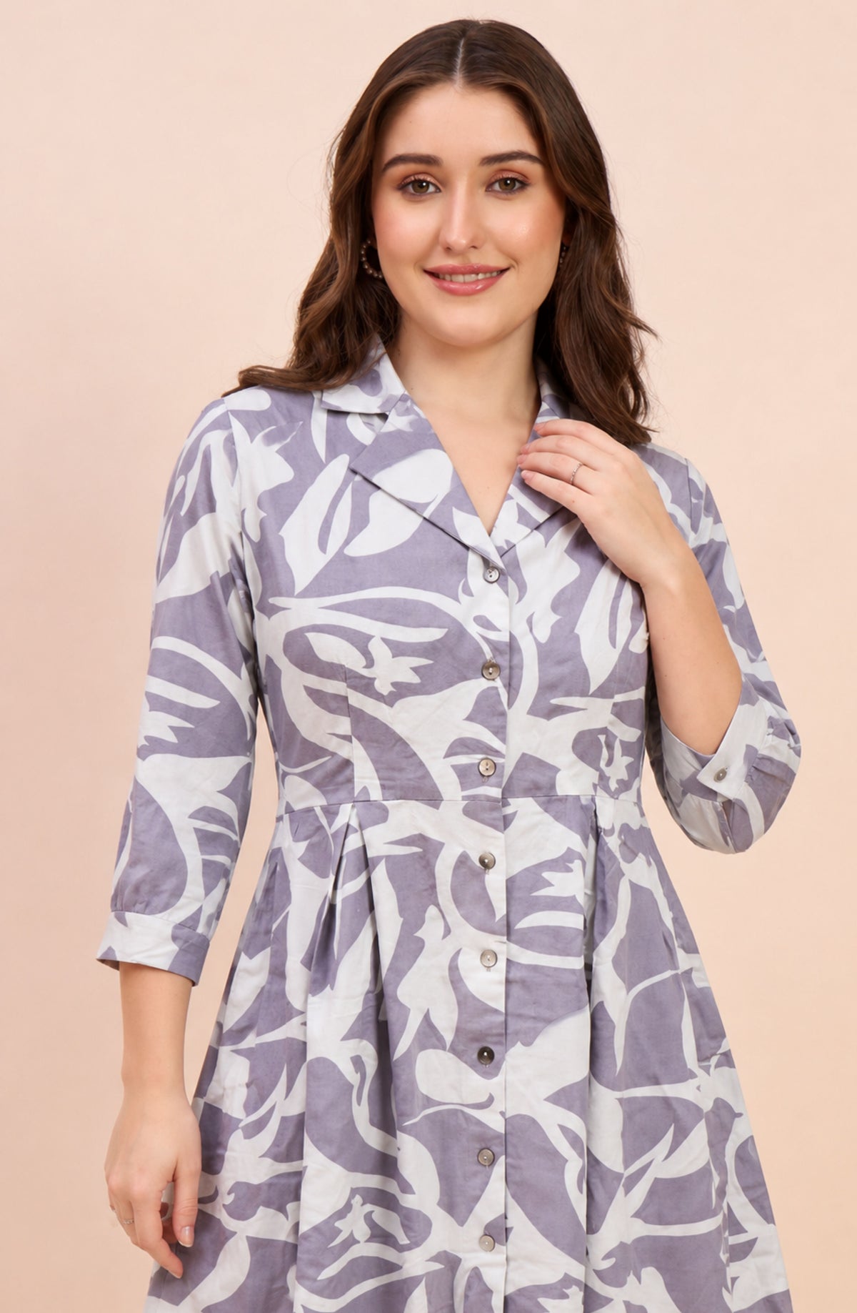 Lavender Abstract Leaf Print Shirt Dress