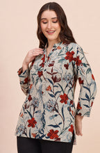 Beige Rust & Teal Botanical Floral Print Shirt