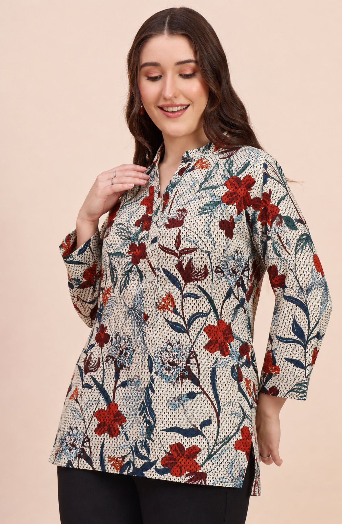 Beige Rust & Teal Botanical Floral Print Shirt