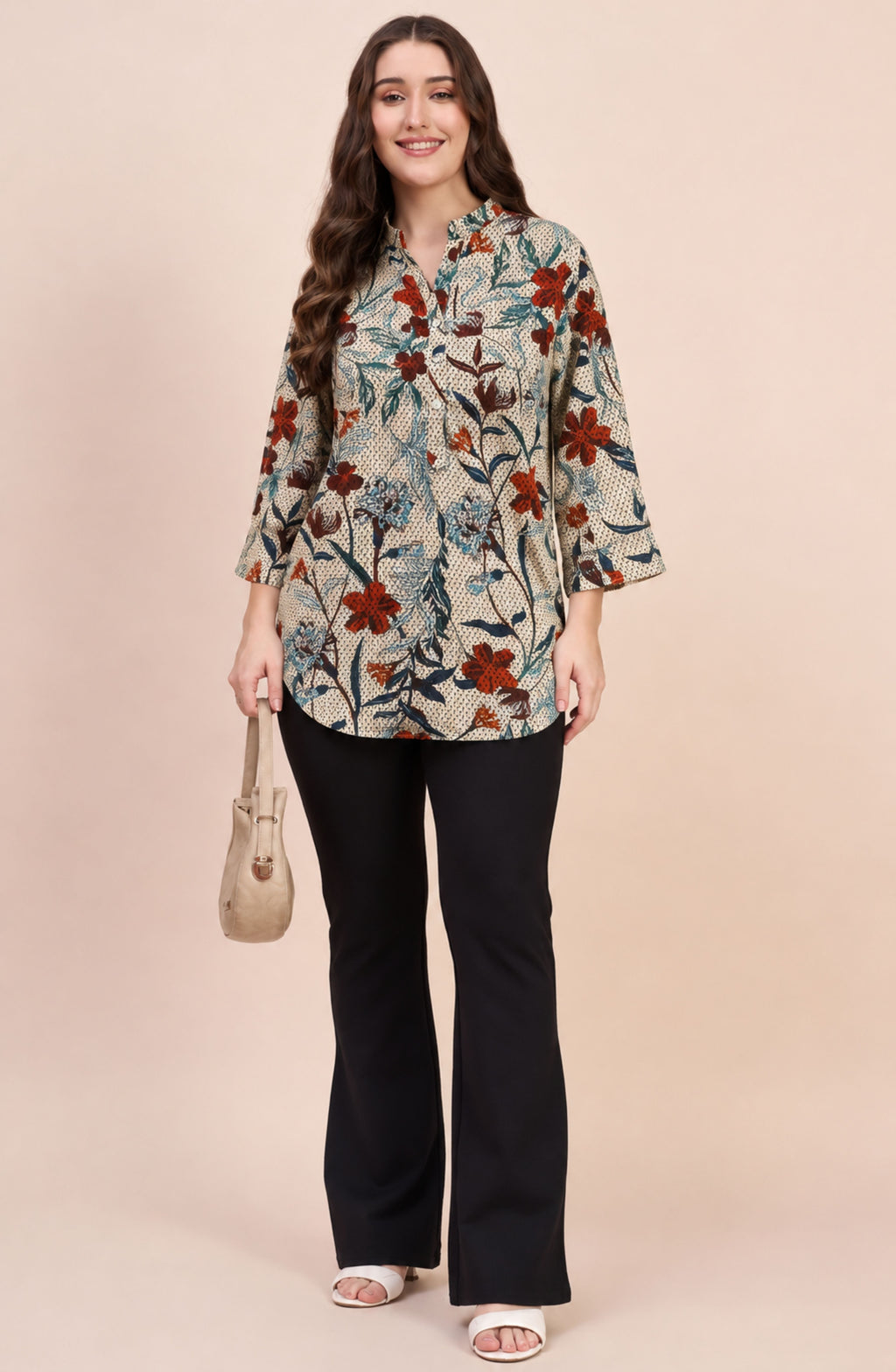 Beige Rust & Teal Botanical Floral Print Shirt