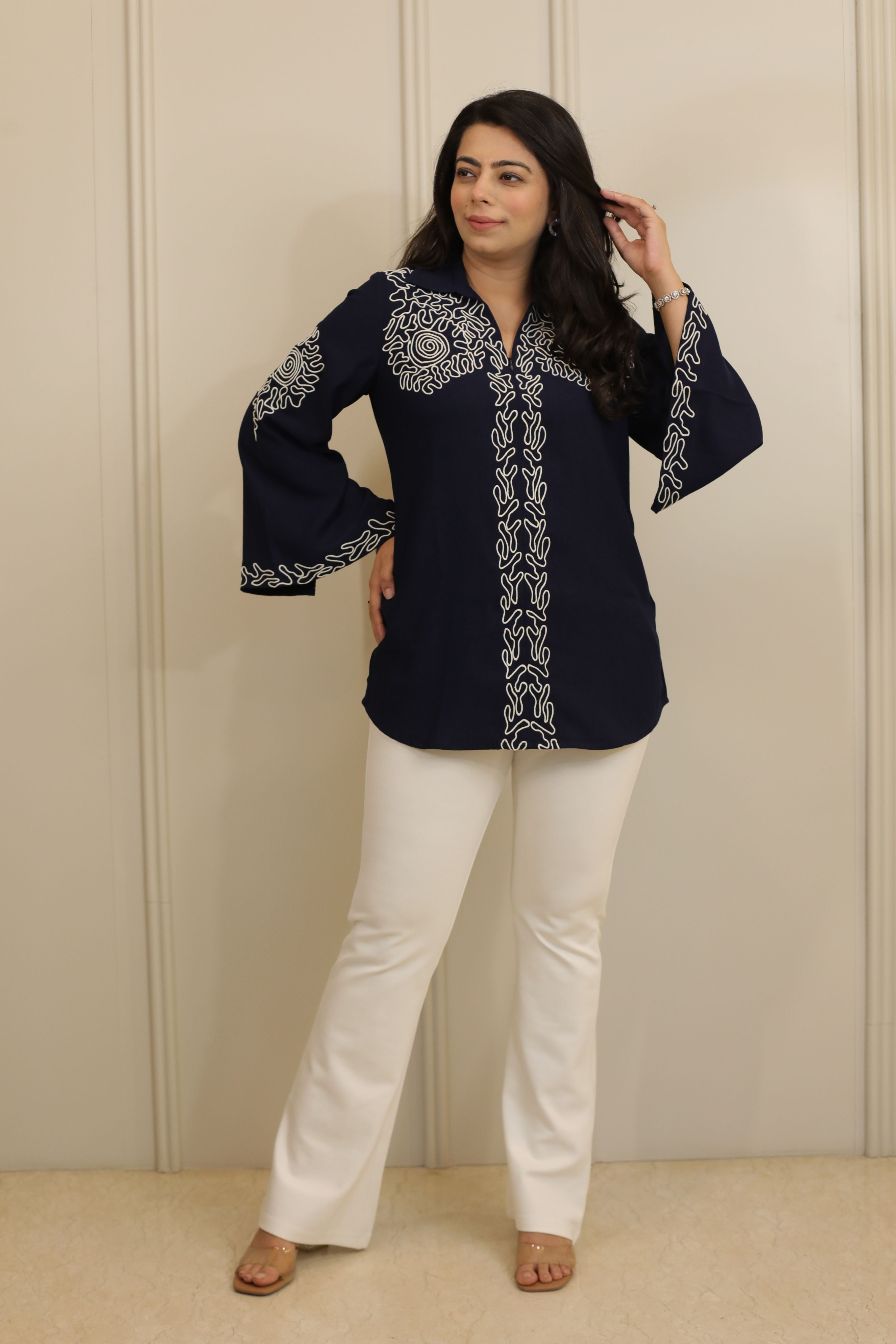 Navy Blue Embroidered Shirt