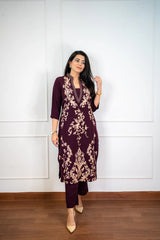 Wine Embroidered Kurta Set