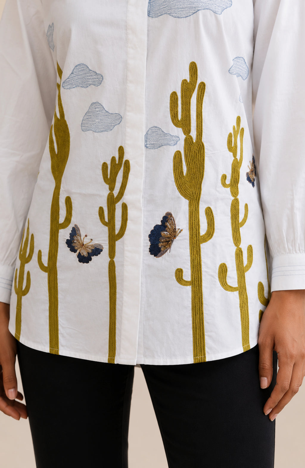 White Cotton Embroidered Designer Shirt