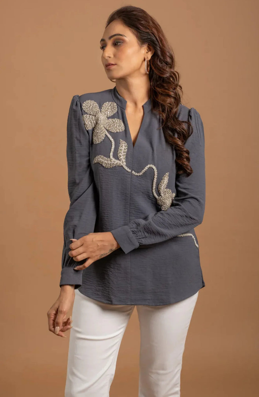 Grey Embellished  Shirt