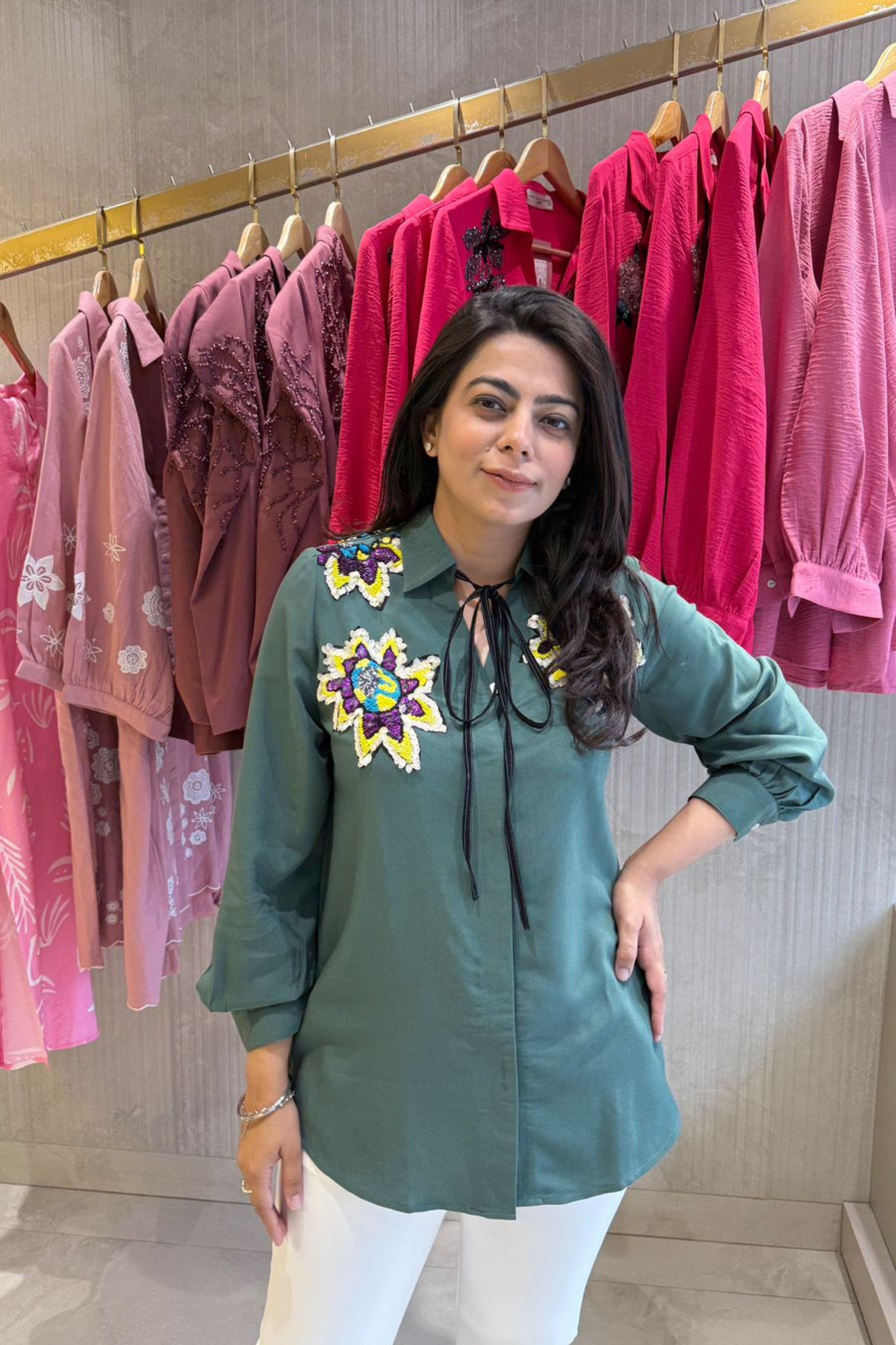 Embellished Knot Style Bottle Green Shirt