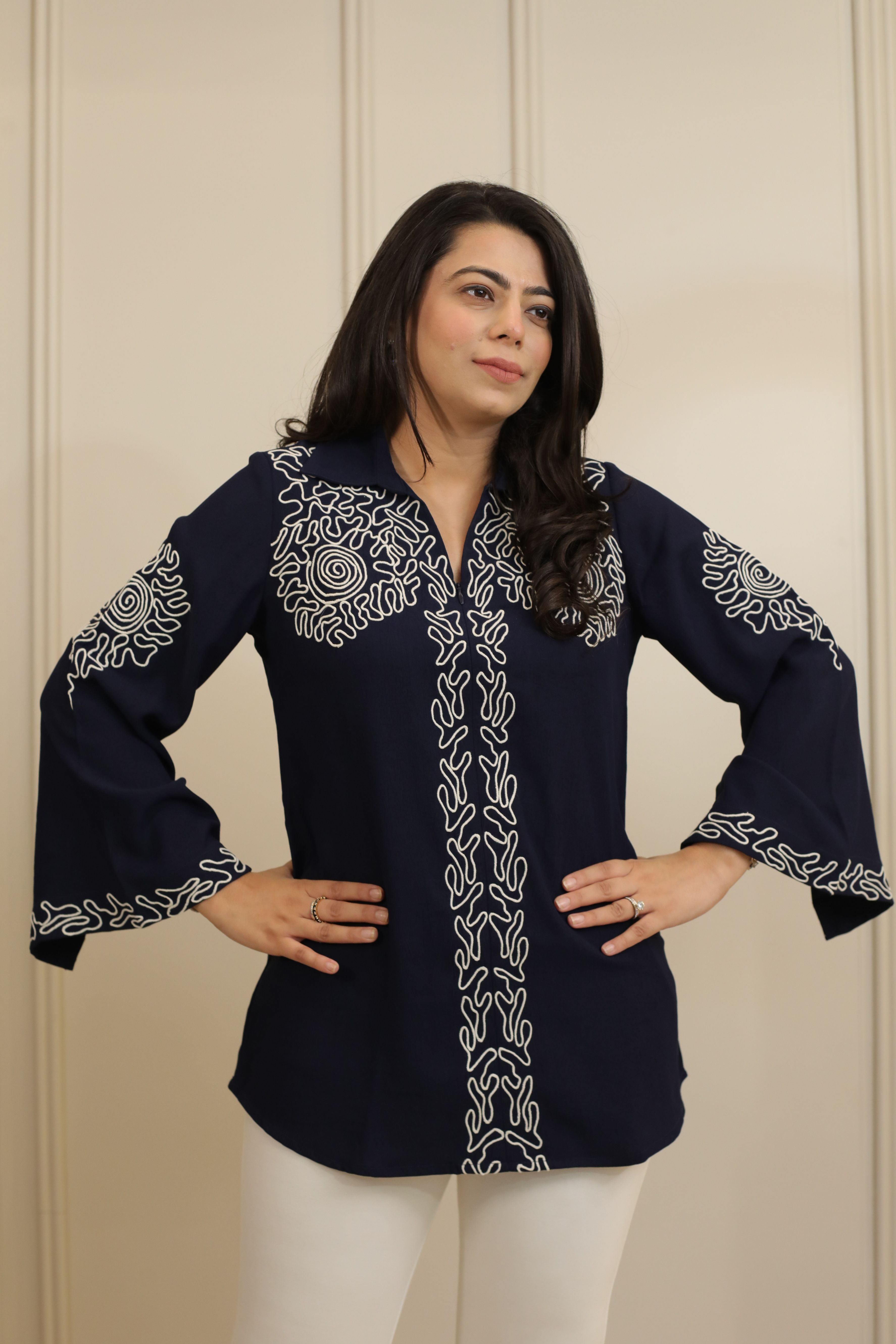 Navy Blue Embroidered Shirt