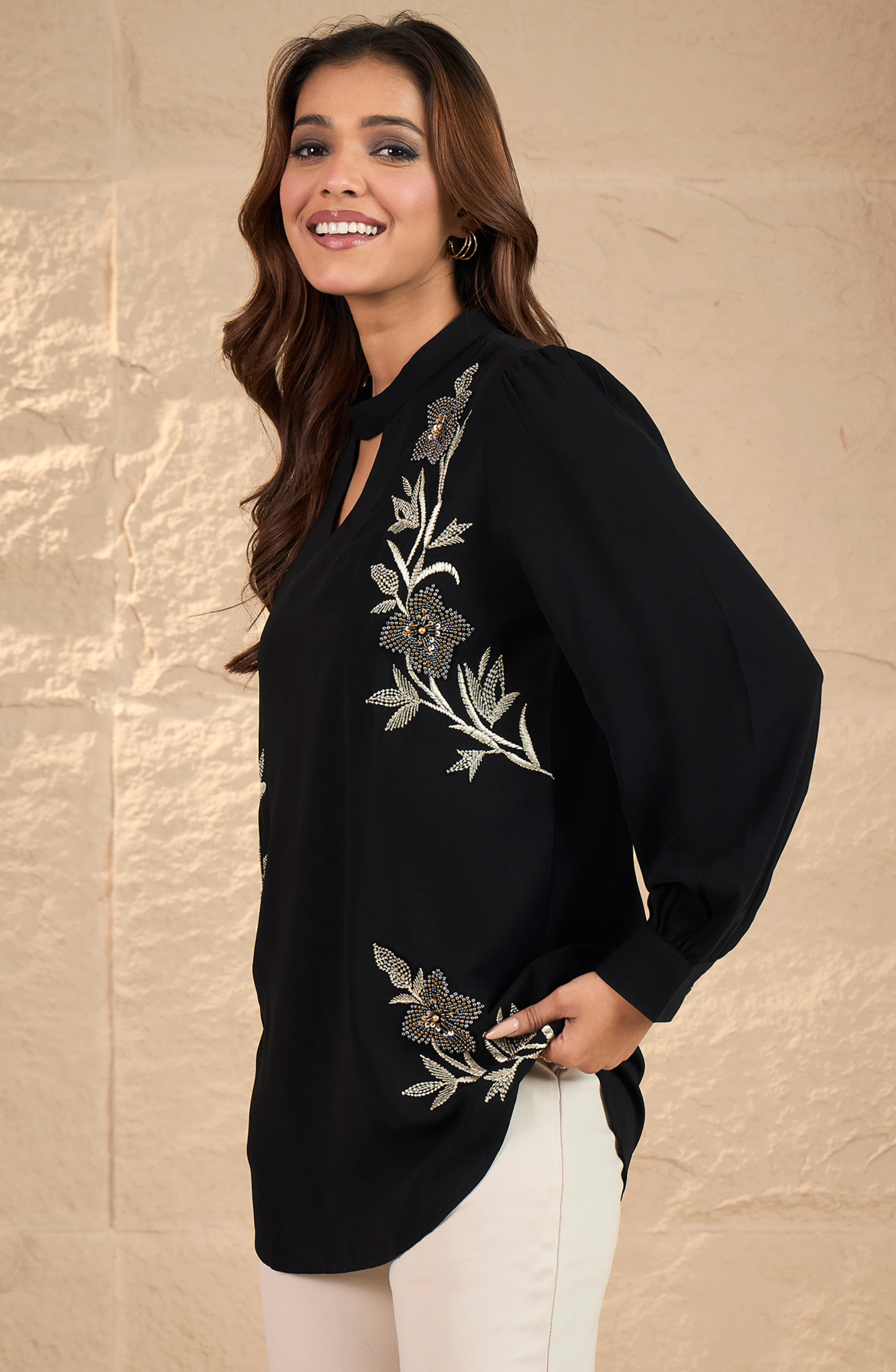 Choker Neck Black Embellished Shirt