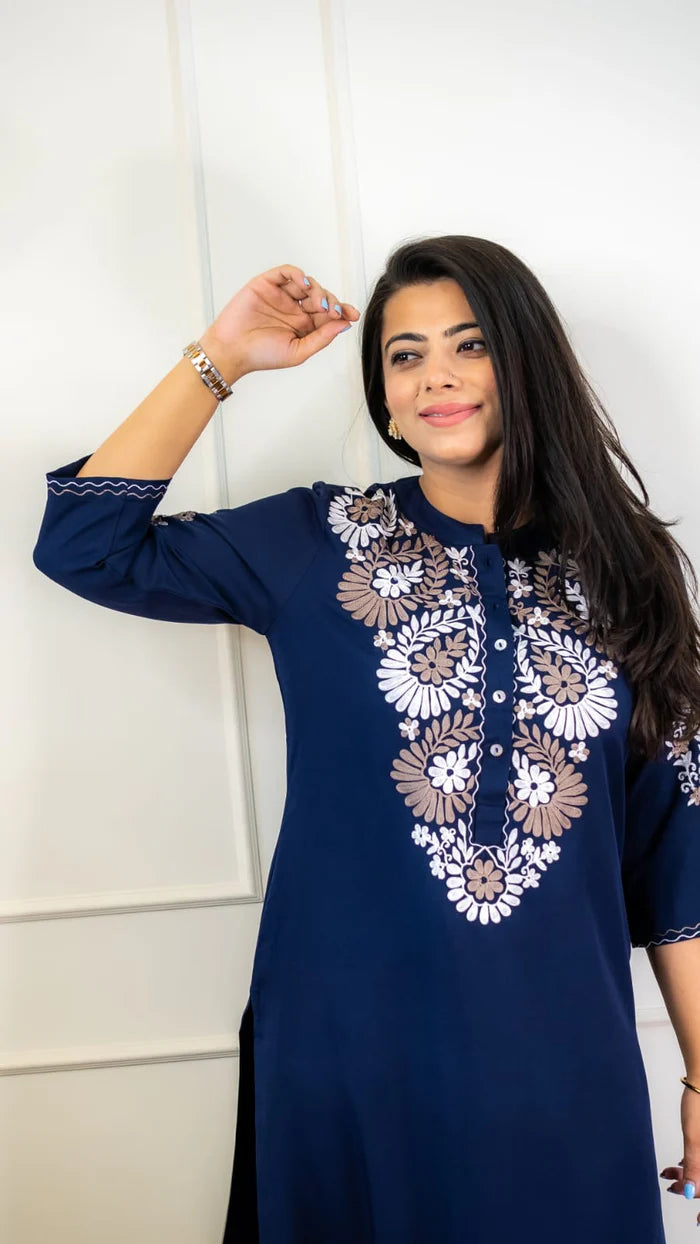 Navy Blue Embroidered Kurta Set